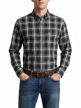 Men's Black & White Plaid Button-Down Shirt - Casual Long Sleeve